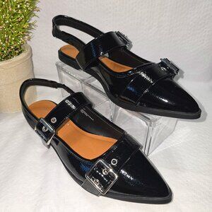 MADDEN GIRL BLACK PATENT LEATHER DOUBLE BUCKLE SLING BACK FLATS WOMENS SIZE 9